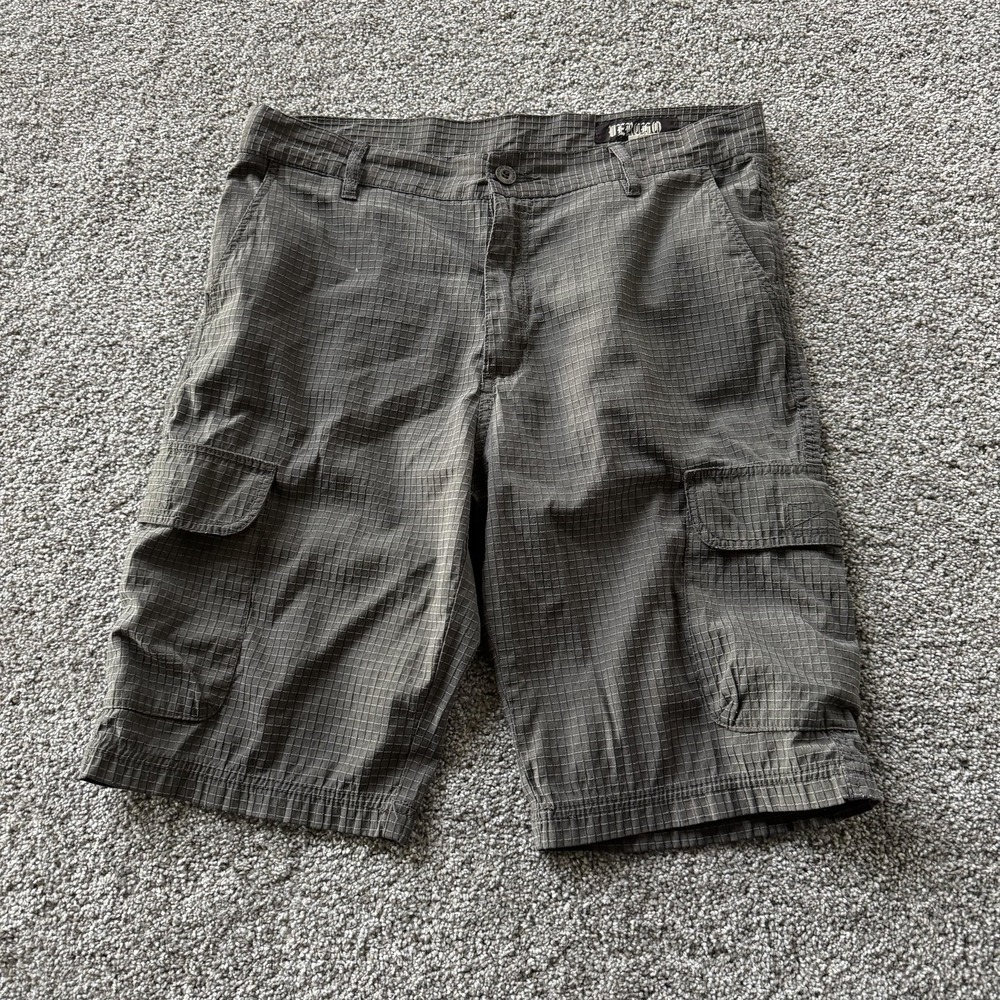 Y2K Verso Cargo Shorts Mens 34 Green Check Cotton Blend Relaxed Summer Casual